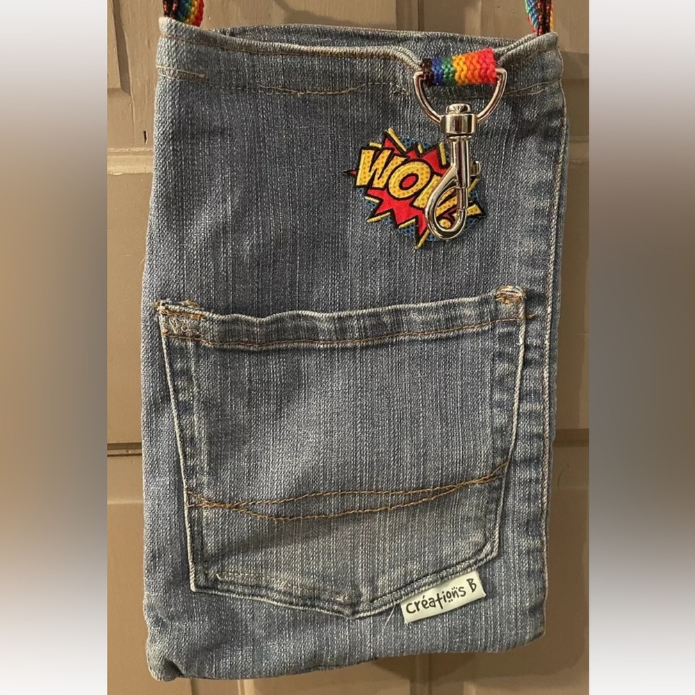 Denim Handmade Crossbody Bag Shoulder Purse Rainbow Nylon Strap Pocket WOW